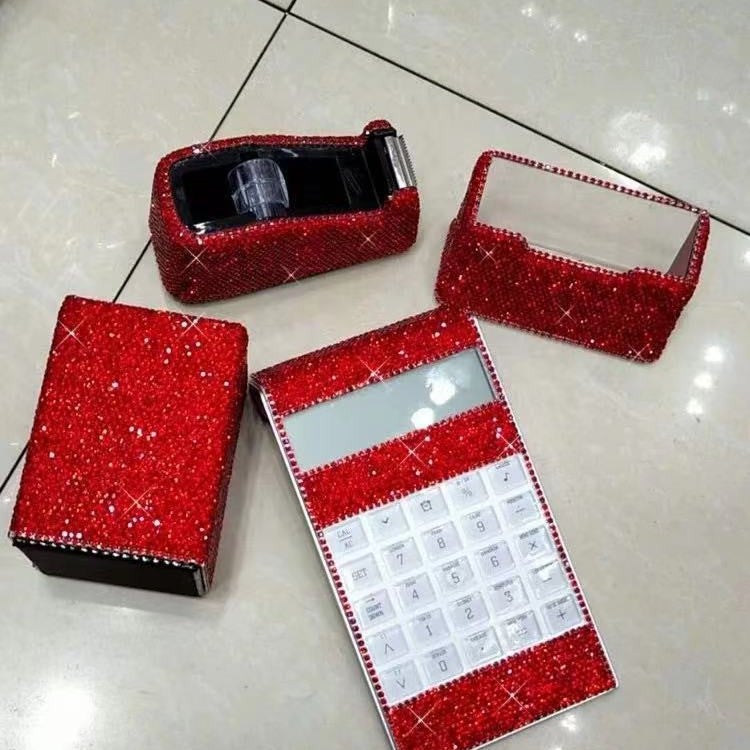 Sticking Drill Office Business Stationery Gift High-End Encrusted Drill Stationery Set Rubber Table Stapler Business Card Box Calculator - Image 1