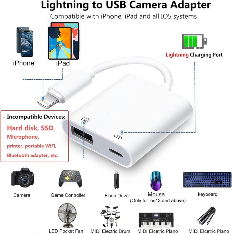محول Lightning إلى USB للكاميرا لأجهزة iPhone مع منفذ شحن Lightning، كابل OTG USB 3.0 أنثى للوحة المفاتيح والفأرة (لا يدعم USB C، SSD) | كابل OTG USB 3.0 أنثى للوحة المفاتيح والفأرة لأجهزة iPhone 14 13 12 11 X 8 7 6 (لا يدعم USB C، SSD، القرص الصلب) - Image 2