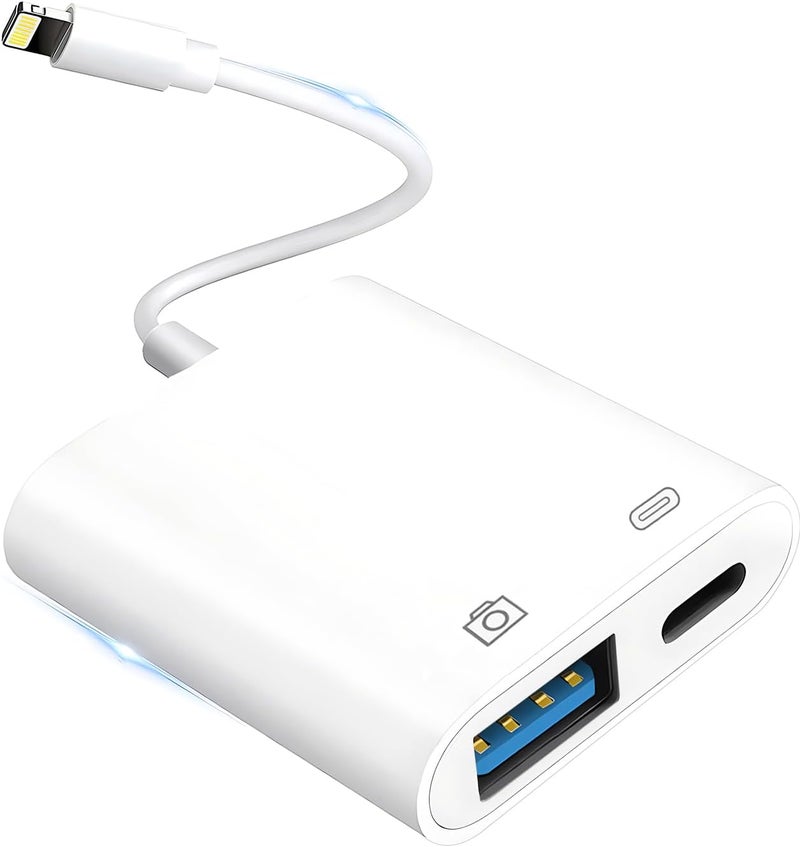 محول Lightning إلى USB للكاميرا لأجهزة iPhone مع منفذ شحن Lightning، كابل OTG USB 3.0 أنثى للوحة المفاتيح والفأرة (لا يدعم USB C، SSD) | كابل OTG USB 3.0 أنثى للوحة المفاتيح والفأرة لأجهزة iPhone 14 13 12 11 X 8 7 6 (لا يدعم USB C، SSD، القرص الصلب) - Image 1