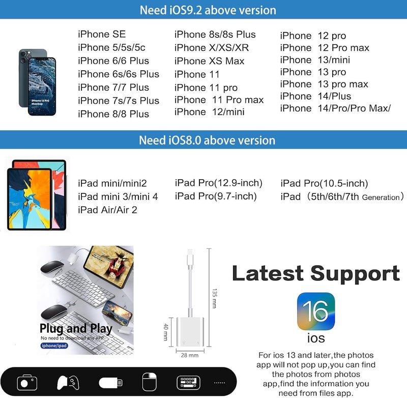 محول Lightning إلى USB للكاميرا لأجهزة iPhone مع منفذ شحن Lightning، كابل OTG USB 3.0 أنثى للوحة المفاتيح والفأرة (لا يدعم USB C، SSD) | كابل OTG USB 3.0 أنثى للوحة المفاتيح والفأرة لأجهزة iPhone 14 13 12 11 X 8 7 6 (لا يدعم USB C، SSD، القرص الصلب) - Image 3