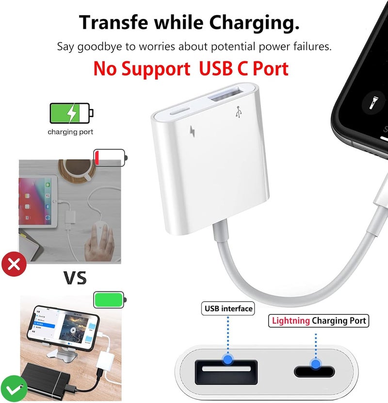 محول Lightning إلى USB للكاميرا لأجهزة iPhone مع منفذ شحن Lightning، كابل OTG USB 3.0 أنثى للوحة المفاتيح والفأرة (لا يدعم USB C، SSD) | كابل OTG USB 3.0 أنثى للوحة المفاتيح والفأرة لأجهزة iPhone 14 13 12 11 X 8 7 6 (لا يدعم USB C، SSD، القرص الصلب) - Image 5
