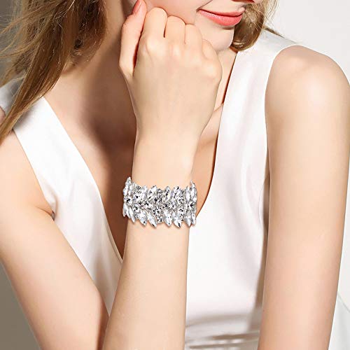 EVER FAITH Women's Stretch Bracelet Clear Marquise Crystal Art Deco Hand Chain Wedding Jewelry Silver-Tone - Image 3