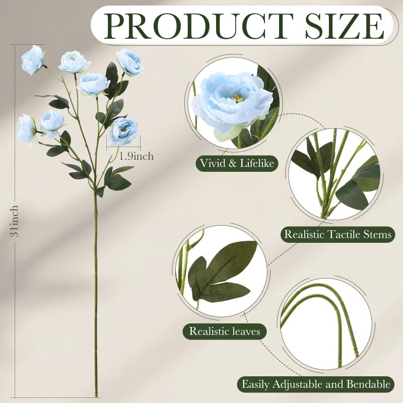 Craftsatin 6 Pack 32" Artificial Peonies Flowers for Vase(Vase Not Included)-6 Stems Faux Peony with 42 Silk Heads, Fake Long Stem Flowers for DIY Bouquets Wedding Centerpieces Home Decor(Light Blue) - Image 3