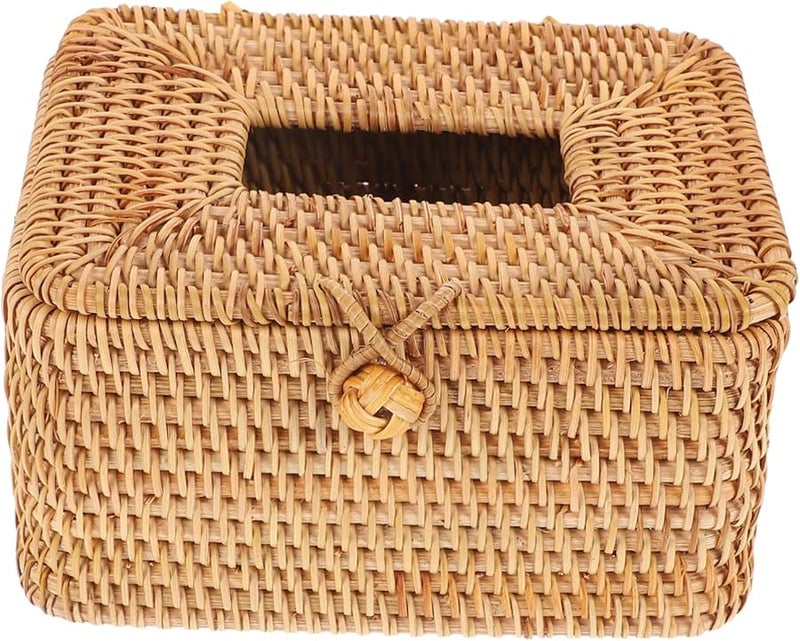 صندوق منسوج من الروطان لحفظ المناديل، حاوية يدوية الصنع، منظِّم تخزين طبيعي للمنزل والمكتب - Image 1