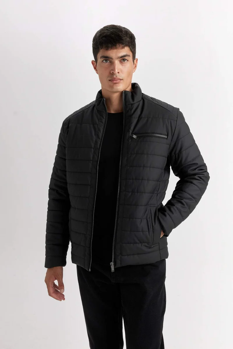 ديفاكتو Waterproof Slim Fit Stand Collar Faux Leather Jacket