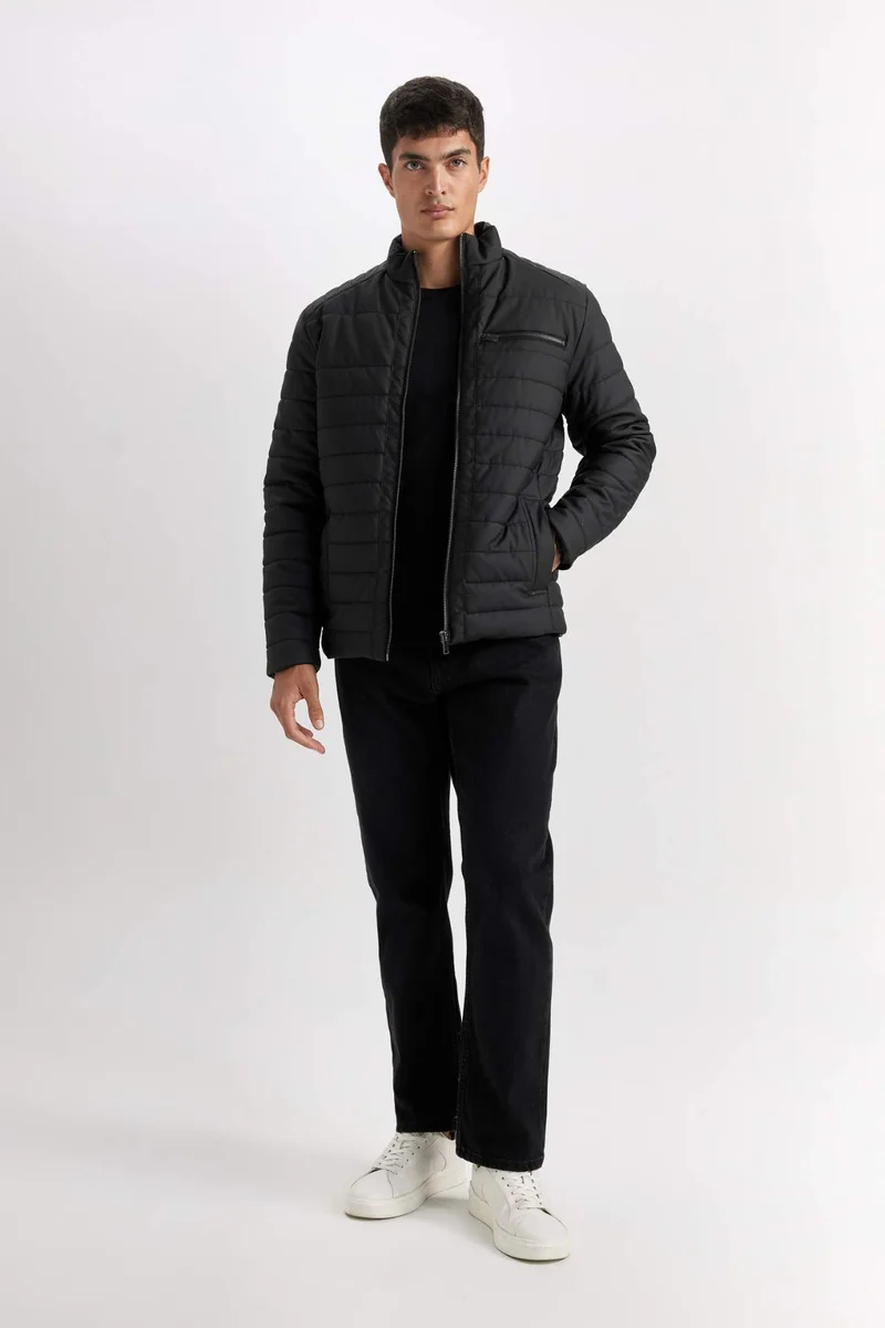 ديفاكتو Waterproof Slim Fit Stand Collar Faux Leather Jacket