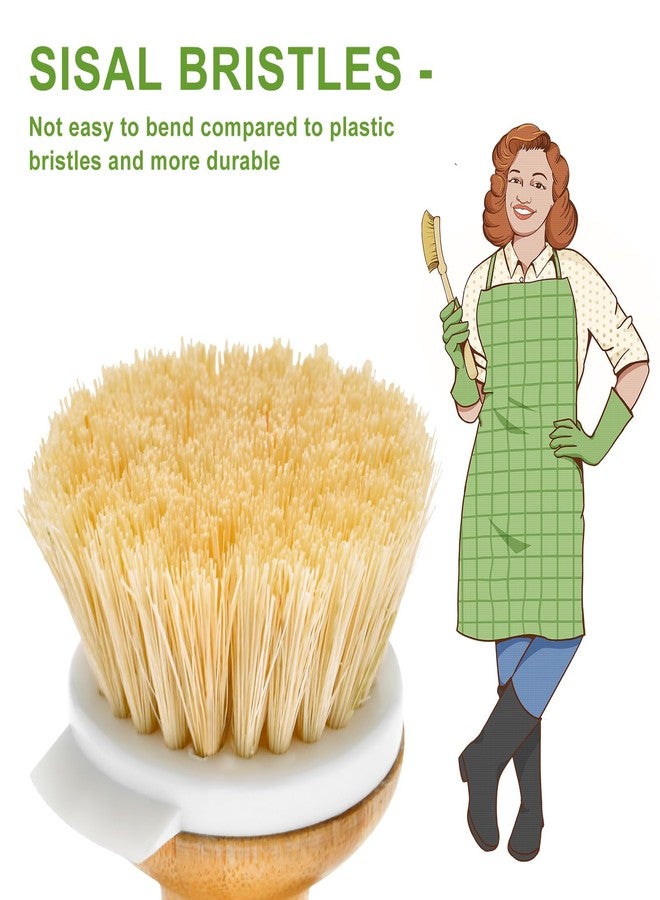 SUBEKYU Bamboo Dish Brush, Kitchen Dish Scrubber Brush with Soap Dispenser, Natural Wooden Dishwashing Brush for Cleaning Dishes/Pans/Pots, Built-in Scraper, Sisal Bristles,1 Set - Image 2