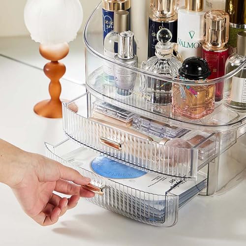 ALOXE Cute Makeup Organizer Cosmetic Organisers Storage Box with Drawer Storage Organizer | Transparent Plastic Makeup Box for Women (White) - Image 4