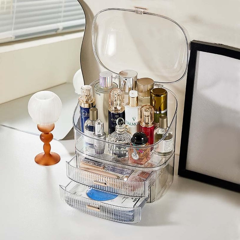 ALOXE Cute Makeup Organizer Cosmetic Organisers Storage Box with Drawer Storage Organizer | Transparent Plastic Makeup Box for Women (White) - Image 2