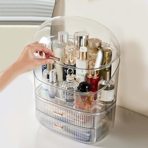 ALOXE Cute Makeup Organizer Cosmetic Organisers Storage Box with Drawer Storage Organizer | Transparent Plastic Makeup Box for Women (White) - Image 5