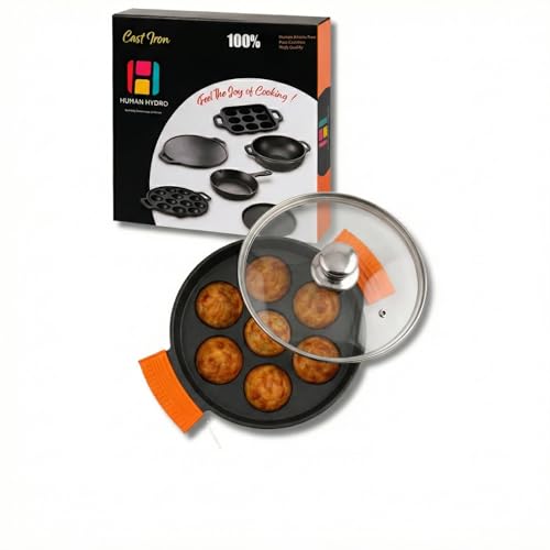 Human Hydro Pre-Seasoned Cast Iron Paniyaram Pan (7-Pit) with Glass Lid & Silicone Grips | Naturally Non-Stick | Induction & Gas Compatible | Paddu, Appam & Kuzhi Paniyaram Maker - Image 1