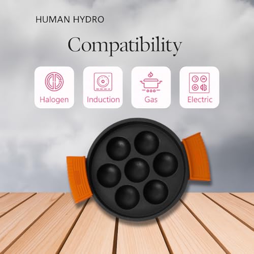 Human Hydro Pre-Seasoned Cast Iron Paniyaram Pan (7-Pit) with Glass Lid & Silicone Grips | Naturally Non-Stick | Induction & Gas Compatible | Paddu, Appam & Kuzhi Paniyaram Maker - Image 3