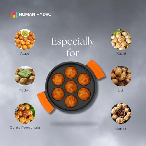Human Hydro Pre-Seasoned Cast Iron Paniyaram Pan (7-Pit) with Glass Lid & Silicone Grips | Naturally Non-Stick | Induction & Gas Compatible | Paddu, Appam & Kuzhi Paniyaram Maker - Image 4