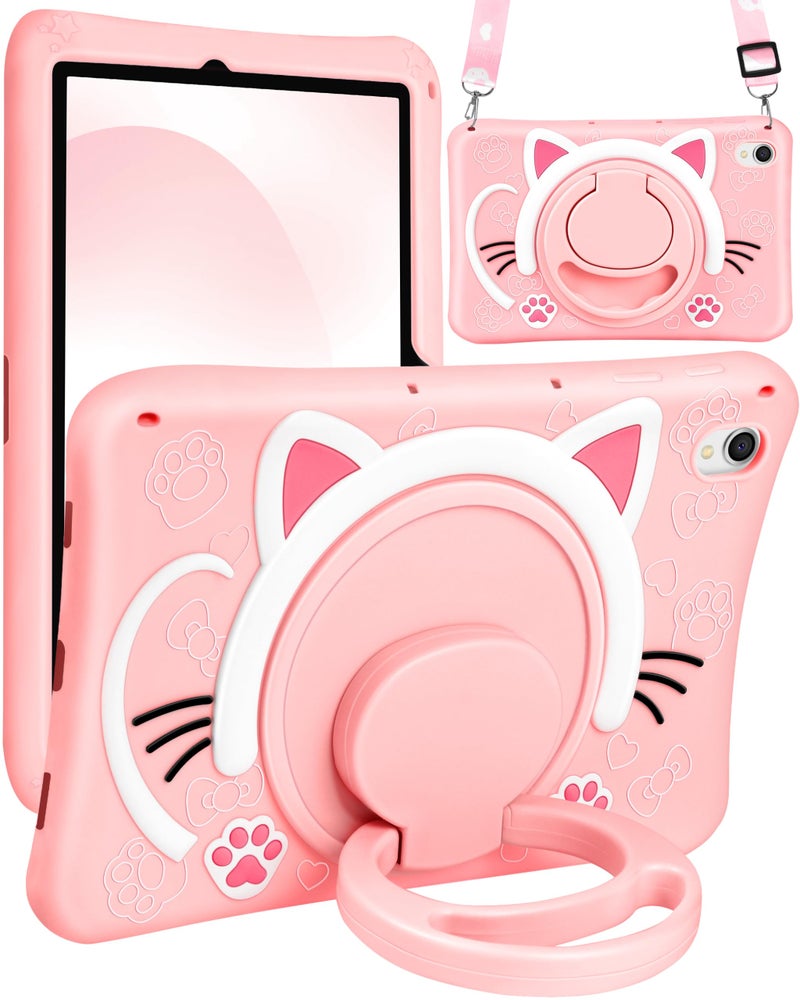 Wazzasoft for Samsung Galaxy Tab S9 Case 11 Inch Cute Cartoon Kawaii Cat Kitten Girls Girly 3D Soft Silicone Tablet Cover with Rotating Stand Strap Funda for Galaxy Tab S9 Case
