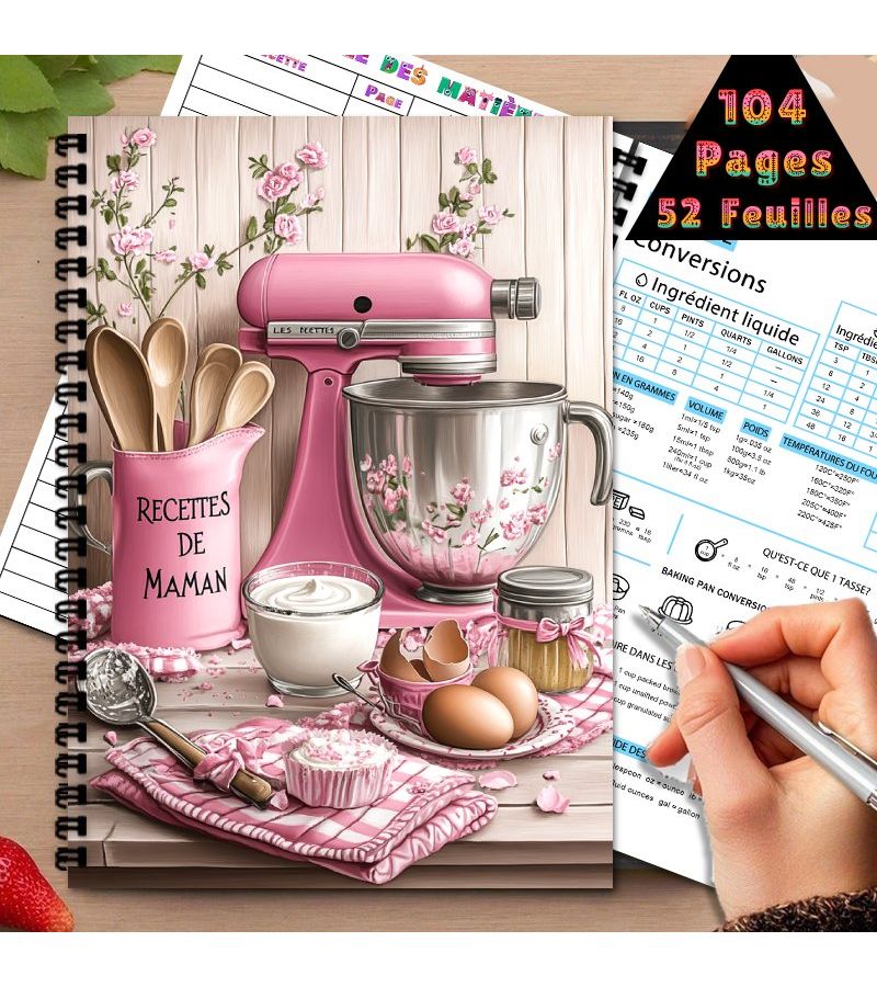 1 French Recipe Book for Baking Lovers Vintage Theme Pink Stand Mixer And Retro Kitchen Tool Patterns A5 Size Spiral Notebook Language Notebook Suitable For Baking Journal Meal Planner Recipe Notebook 1pc - Image 1