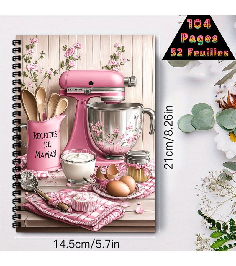 1 French Recipe Book for Baking Lovers Vintage Theme Pink Stand Mixer And Retro Kitchen Tool Patterns A5 Size Spiral Notebook Language Notebook Suitable For Baking Journal Meal Planner Recipe Notebook 1pc - Image 2