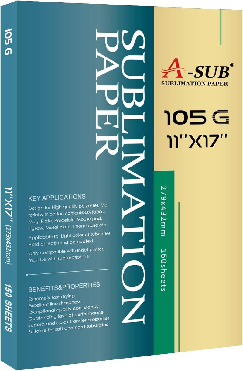 A-SUB Sublimation Paper- 150 Sheets Heat Transfer Paper 11x17 inch Compatible with Inkjet Sublimation Printer 105g - Image 1