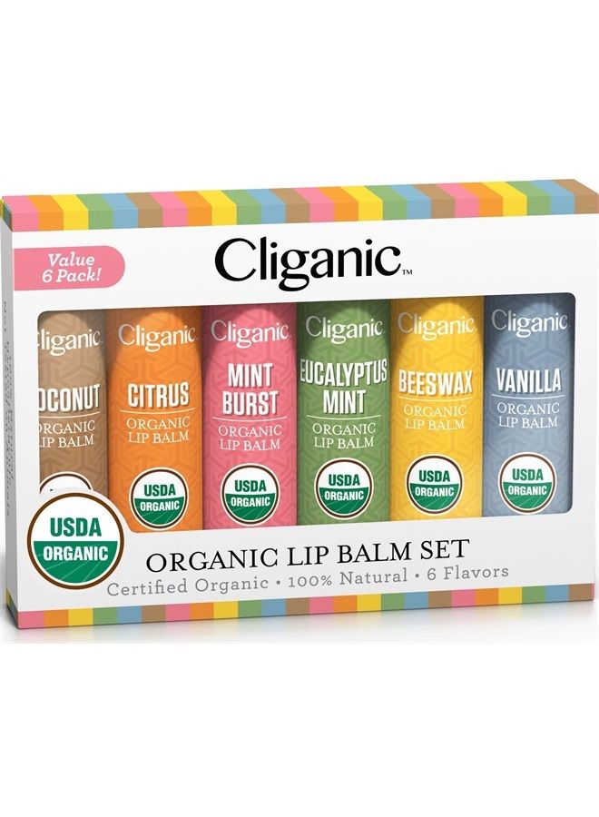 Cliganic USDA Organic Lip Balm Set - 6 Flavors - 100% Natural Moisturizer for Cracked & Dry Lips  - Image 1