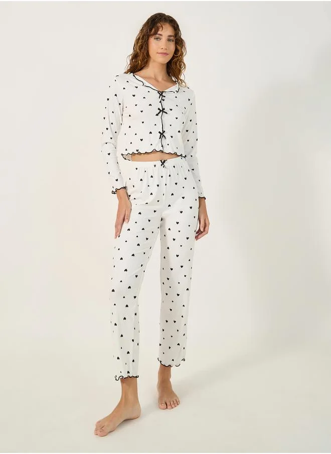 ستايلي All Over Heart Print Ribbed Top and Pyjama Pants Set with Lettuce Edge Hem