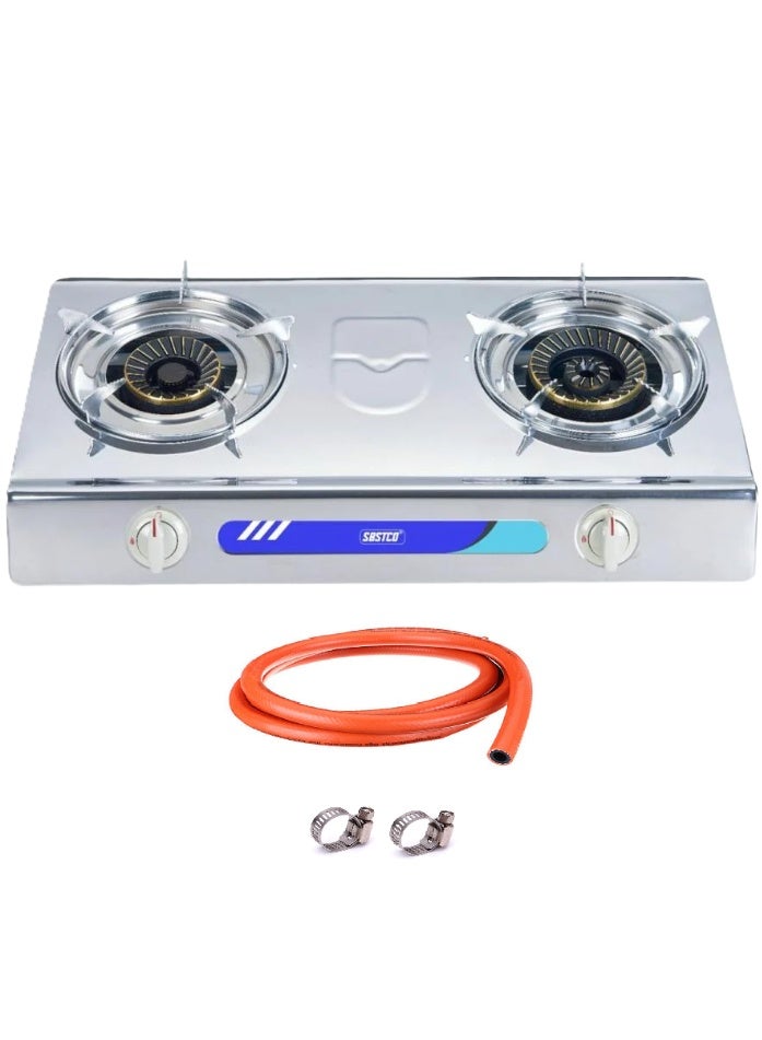 SBS Flat Gas Stove Two Burners Heavy Stainless Steel And  Gas Hose - Image 1