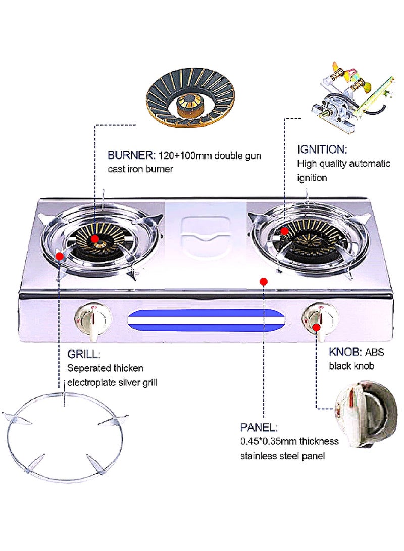 SBS Flat Gas Stove Two Burners Heavy Stainless Steel And  Gas Hose - Image 2