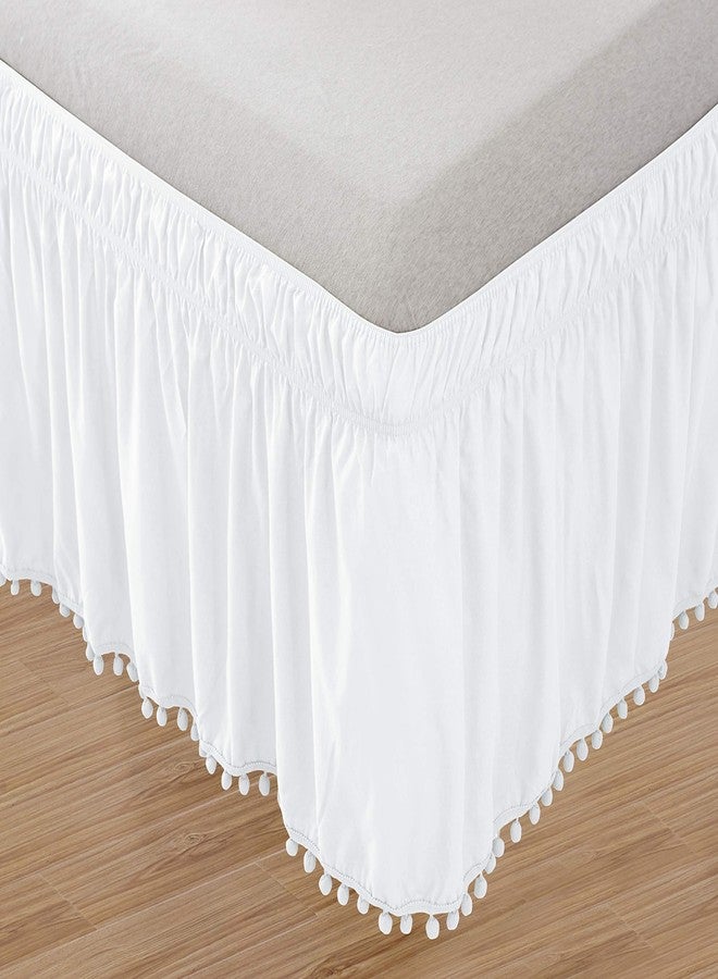 Celine Linen Luxury Top-Knot Tassle Pompom Fringe Ruffle Bed Skirt -Wrap Around Style- Elastic Bed Wrap- Wrinkle Resistant 16inch Drop, Twin/Full, White - Image 2