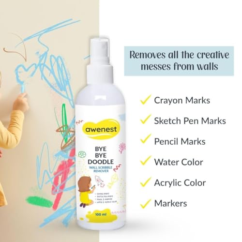 awenest Bye Bye Doodle Wall Scribble Remover - Pack of 2 | Instant Wall Cleaning Spray | Removes Crayon, Pencil, Sketch Pen, Marker, Watercolour & Acrylic Marks | Plant-Based, Toxin-Free Formula - Image 3