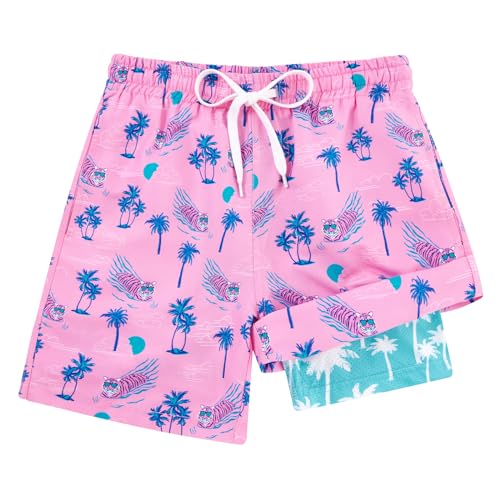 Cozople Teen Boys Pink Swim Trunks Size 14-16 Soft Tiger Swimming Shorts Bathing Suit with Compression Liner Quick Dry Stretchy Anti Chafe Swimsuit Size 14-16 - Image 1