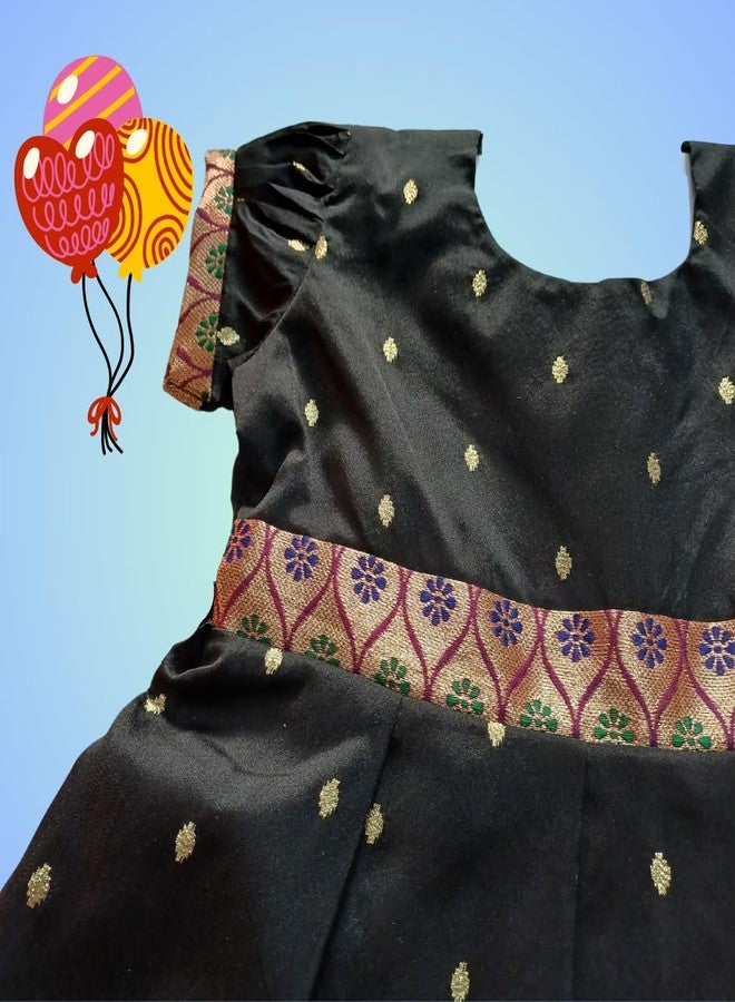 LUSTER Black Frock with Kite Embroidery for Makara Sankranti (Age 3M to 5Y) (Raw Silk & Brokat, 6-12 Months) - Image 2
