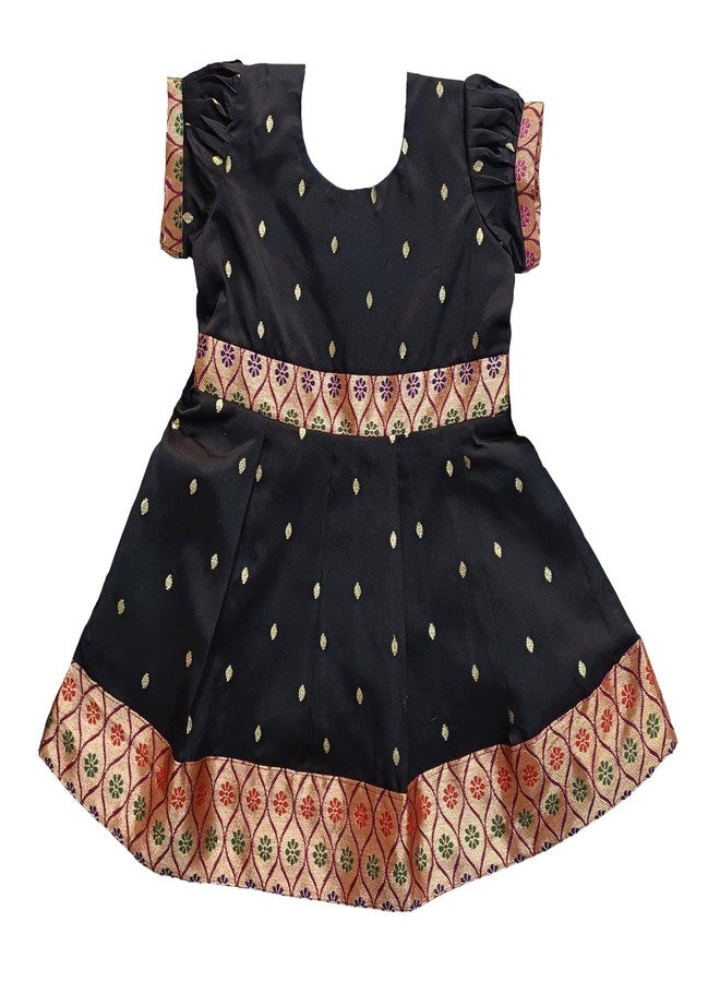 LUSTER Black Frock with Kite Embroidery for Makara Sankranti (Age 3M to 5Y) (Raw Silk & Brokat, 6-12 Months) - Image 1