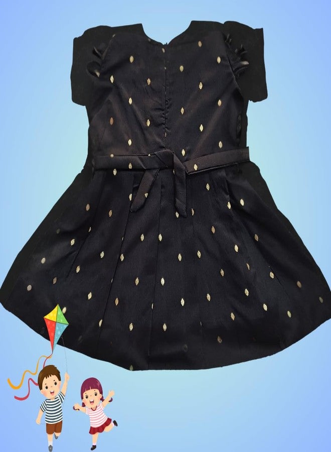 LUSTER Black Frock with Kite Embroidery for Makara Sankranti (Age 3M to 5Y) (Raw Silk & Brokat, 6-12 Months) - Image 3