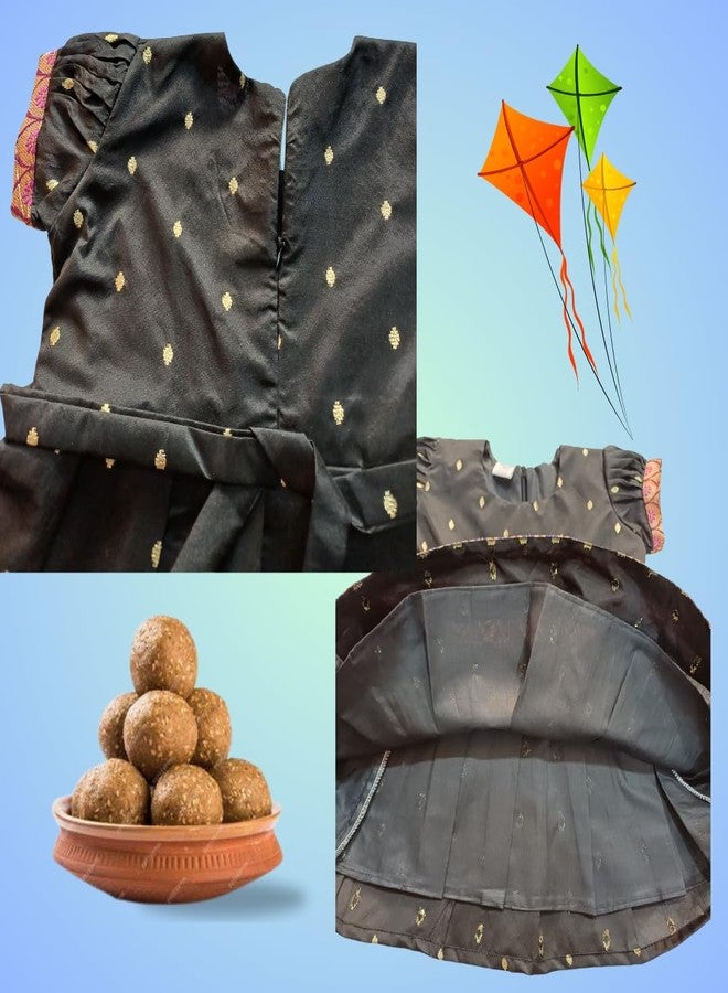 LUSTER Black Frock with Kite Embroidery for Makara Sankranti (Age 3M to 5Y) (Raw Silk & Brokat, 6-12 Months) - Image 5