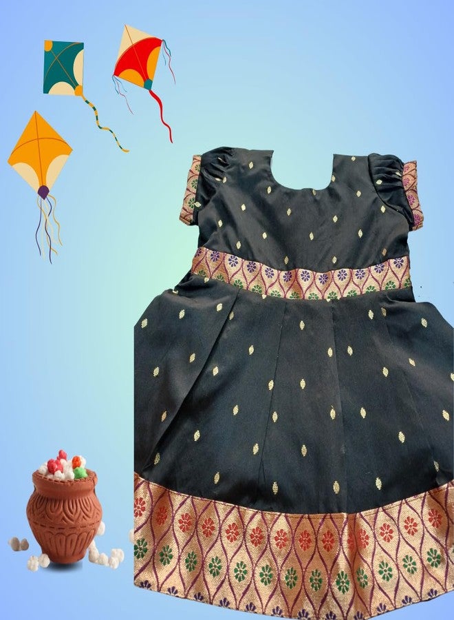 LUSTER Black Frock with Kite Embroidery for Makara Sankranti (Age 3M to 5Y) (Raw Silk & Brokat, 6-12 Months) - Image 4