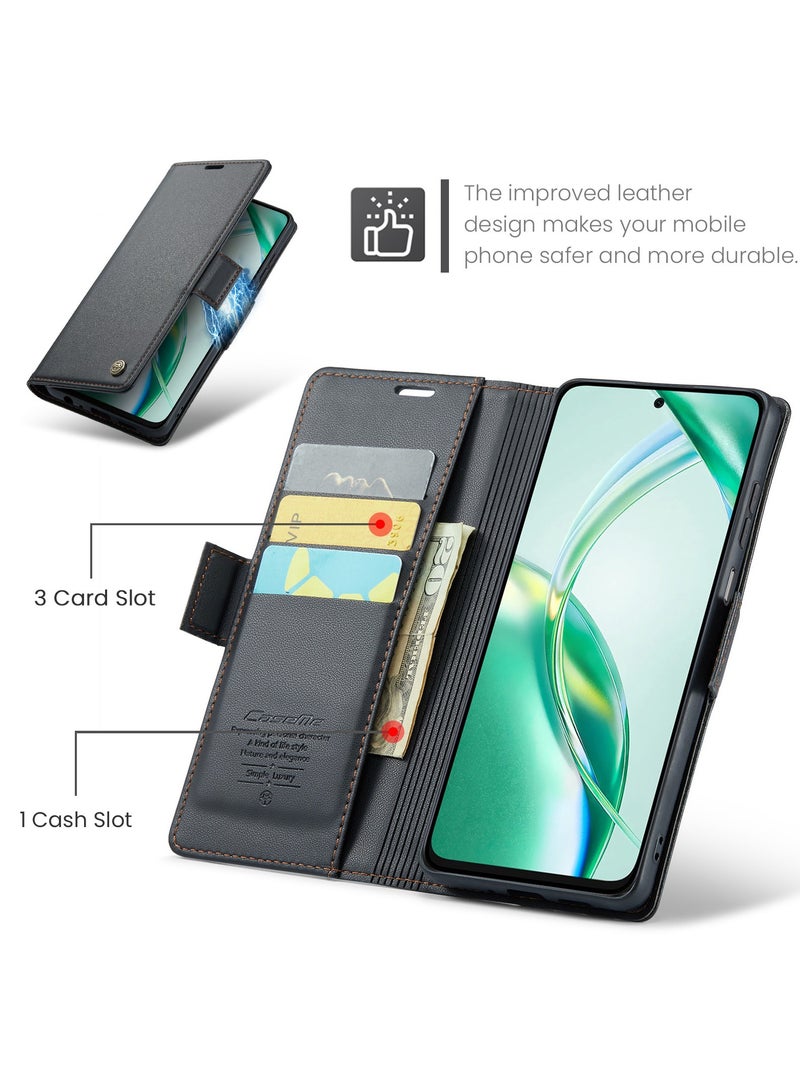 CaseMe Phone Case Luxury PU Leather Design Anti Fingerprint 023 Flip Cover Card Slot Holder Cover For Honor x7c / Honor 200 Smart (Black ) - Image 2