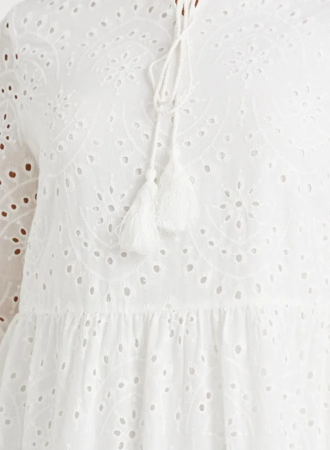 تايك تو Take Two Schiffli Embroidered Tie-Up Neck A-Line Midi Dress