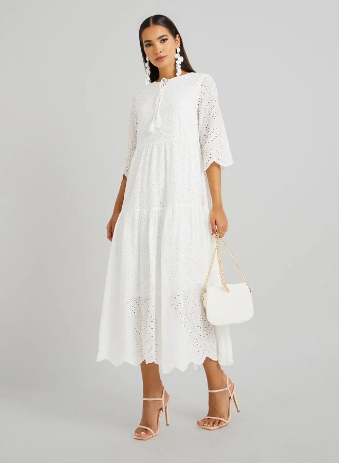 تايك تو Take Two Schiffli Embroidered Tie-Up Neck A-Line Midi Dress