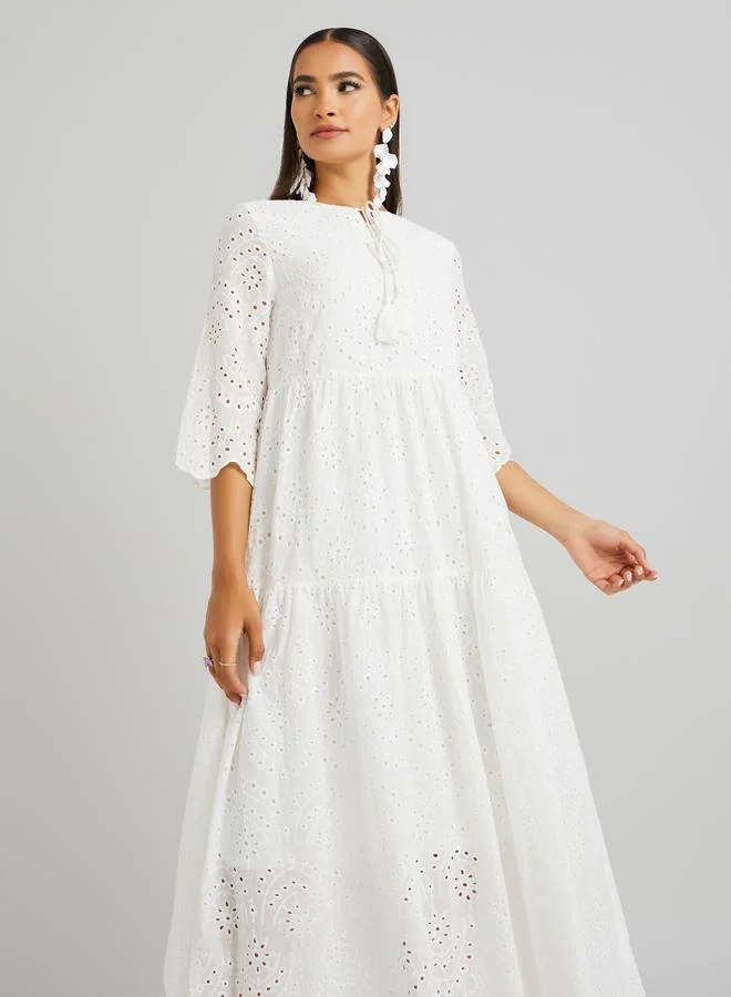 تايك تو Take Two Schiffli Embroidered Tie-Up Neck A-Line Midi Dress