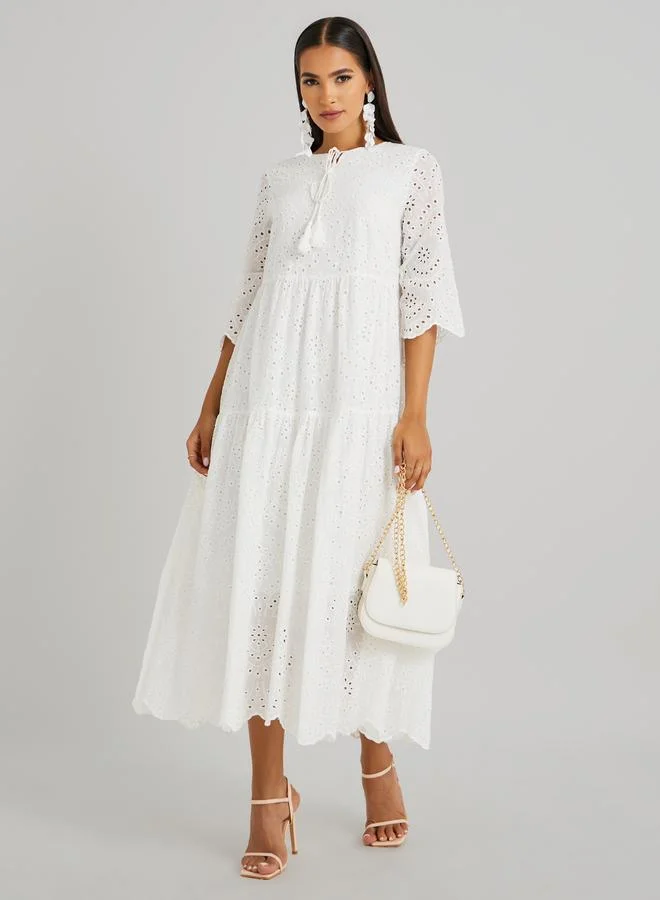 تايك تو Take Two Schiffli Embroidered Tie-Up Neck A-Line Midi Dress