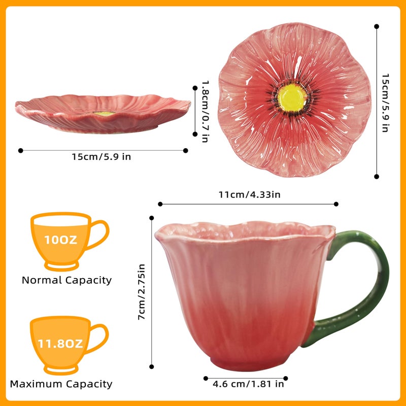 JUSONEY 10 oz Tea Cups and Saucers, Ceramic Flower-shaped Cappuccino Cup, Latte Cup and Saucer set, elegant floral Espresso Cup set, cups are microwave and dishwasher safe-Red - Image 2
