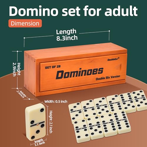 Doublefan Dominos Set for Adults Jumbo Size Double 6 Dominoes Set Classic Board Game for Adults and Elderly Double Six Thick Size Domino with Spinner 28 Tiles in Exclusive Brown Wooden Box - Image 5