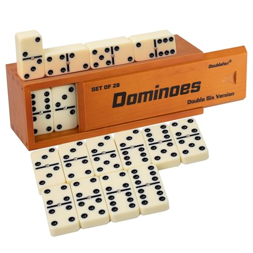 Doublefan Dominos Set for Adults Jumbo Size Double 6 Dominoes Set Classic Board Game for Adults and Elderly Double Six Thick Size Domino with Spinner 28 Tiles in Exclusive Brown Wooden Box - Image 1