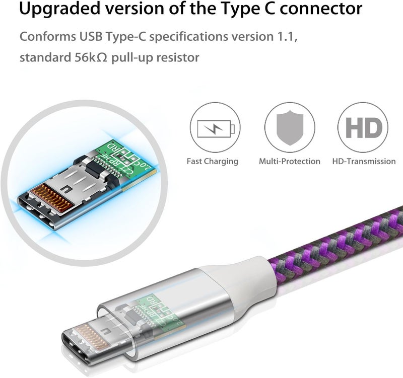 فاسجير كابل USB إلى USB C بطول 10 أقدام، مجموعة من 3 كابلات طويلة من نوع C من ، مضفرة من النايلون، شحن سريع، متوافقة مع Galaxy Note 8/9 وS8/S9/S10/S10+ وLG V20/G6 والمزيد (أزرق/أرجواني/وردي) - Image 3