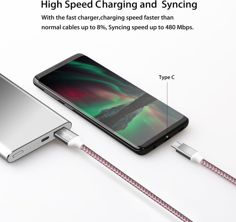 فاسجير كابل USB إلى USB C بطول 10 أقدام، مجموعة من 3 كابلات طويلة من نوع C من ، مضفرة من النايلون، شحن سريع، متوافقة مع Galaxy Note 8/9 وS8/S9/S10/S10+ وLG V20/G6 والمزيد (أزرق/أرجواني/وردي) - Image 4