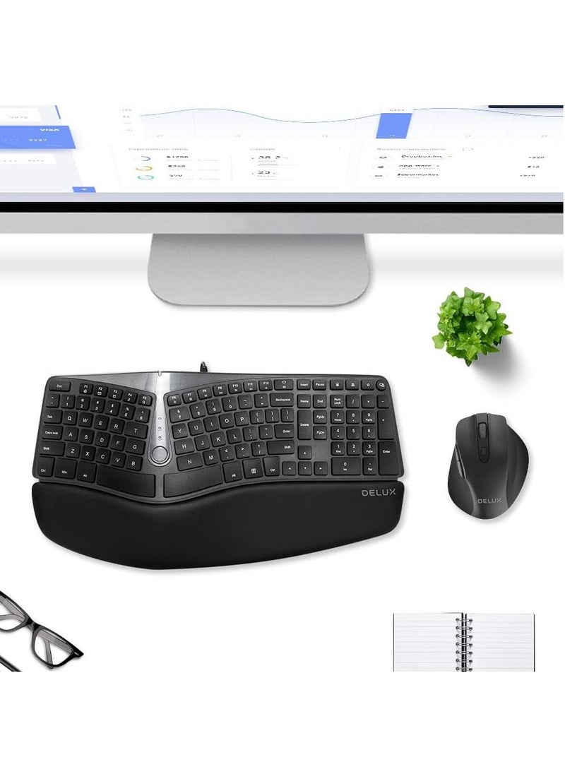DELUX - Wired Ergonomic Split Keyboard with Wrist Rest, [Standard Ergo] Keyboard Series with 2 USB Passthrough, Natural Typing Reducing Hand Pressure, 107 Keys for Windows and Mac OS - Image 1