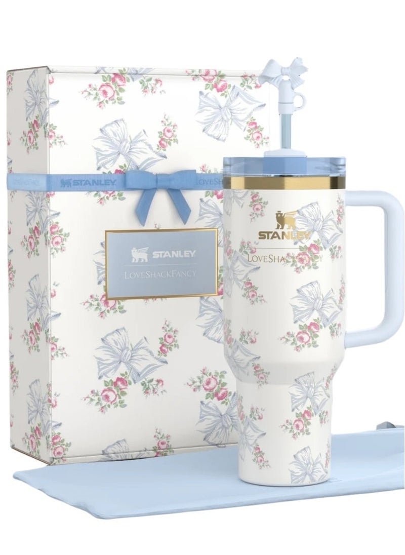 Stanley The Stanley X LoveShackFancy Holiday Quencher 40 OZ | Rosa Beaux Blue Reusable Stainless Steel Tumbler with Handle & Straw | Insulated Travel Mug in Gift-Ready Packaging | Leak-Resistant, BPA-Free, Keeps Beverages Cold or Hot for Hours | Ideal for Daily Use, Gifting, Travel, Office, and Gym  - Image 5