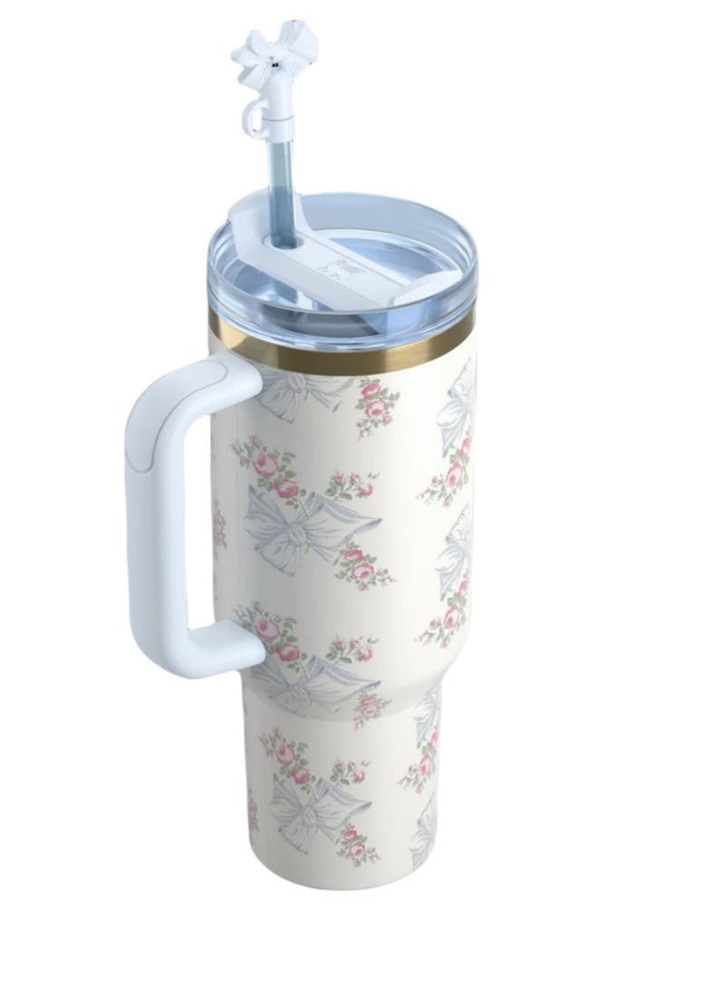 Stanley The Stanley X LoveShackFancy Holiday Quencher 40 OZ | Rosa Beaux Blue Reusable Stainless Steel Tumbler with Handle & Straw | Insulated Travel Mug in Gift-Ready Packaging | Leak-Resistant, BPA-Free, Keeps Beverages Cold or Hot for Hours | Ideal for Daily Use, Gifting, Travel, Office, and Gym  - Image 2