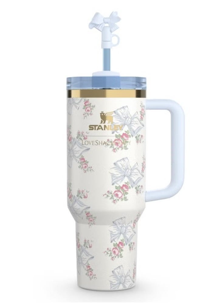 Stanley The Stanley X LoveShackFancy Holiday Quencher 40 OZ | Rosa Beaux Blue Reusable Stainless Steel Tumbler with Handle & Straw | Insulated Travel Mug in Gift-Ready Packaging | Leak-Resistant, BPA-Free, Keeps Beverages Cold or Hot for Hours | Ideal for Daily Use, Gifting, Travel, Office, and Gym  - Image 1