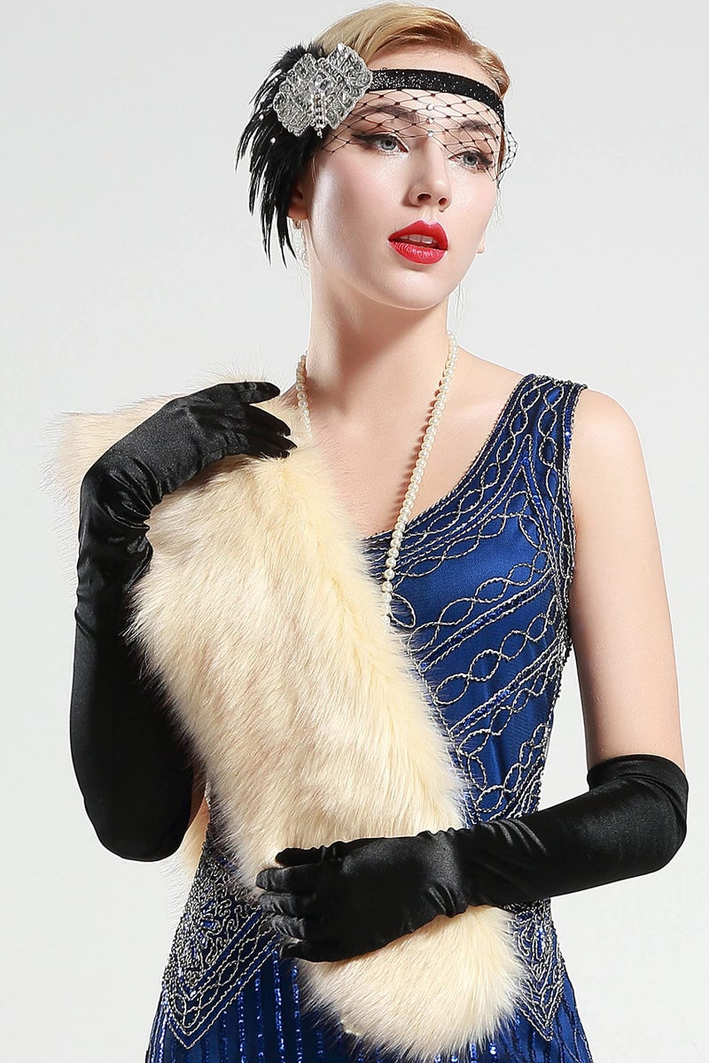 BABEYOND شال بابيوند النسائي من الفرو الصناعي مع ياقة مزيفة، وشاح فرو مزيف لشتاء 1920، بطول 120 سم/47.2" (بيج) - Image 2