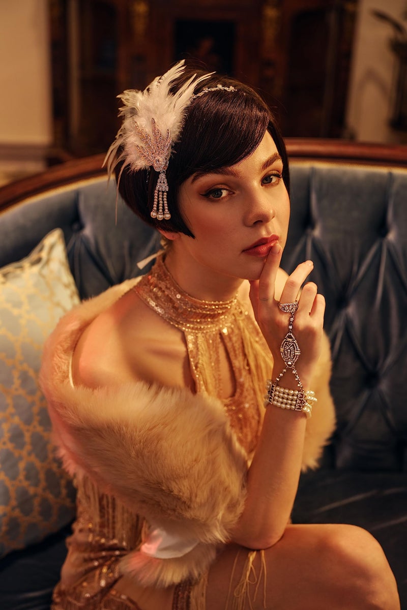 BABEYOND شال بابيوند النسائي من الفرو الصناعي مع ياقة مزيفة، وشاح فرو مزيف لشتاء 1920، بطول 120 سم/47.2" (بيج) - Image 4