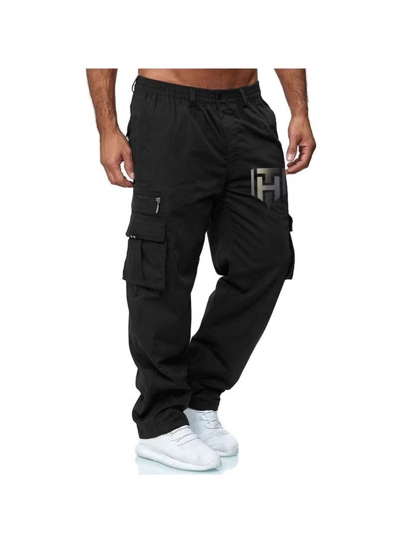 Huitich Men’s Casual Multi-Pocket Workwear Trousers – Black, Size L  - Image 3